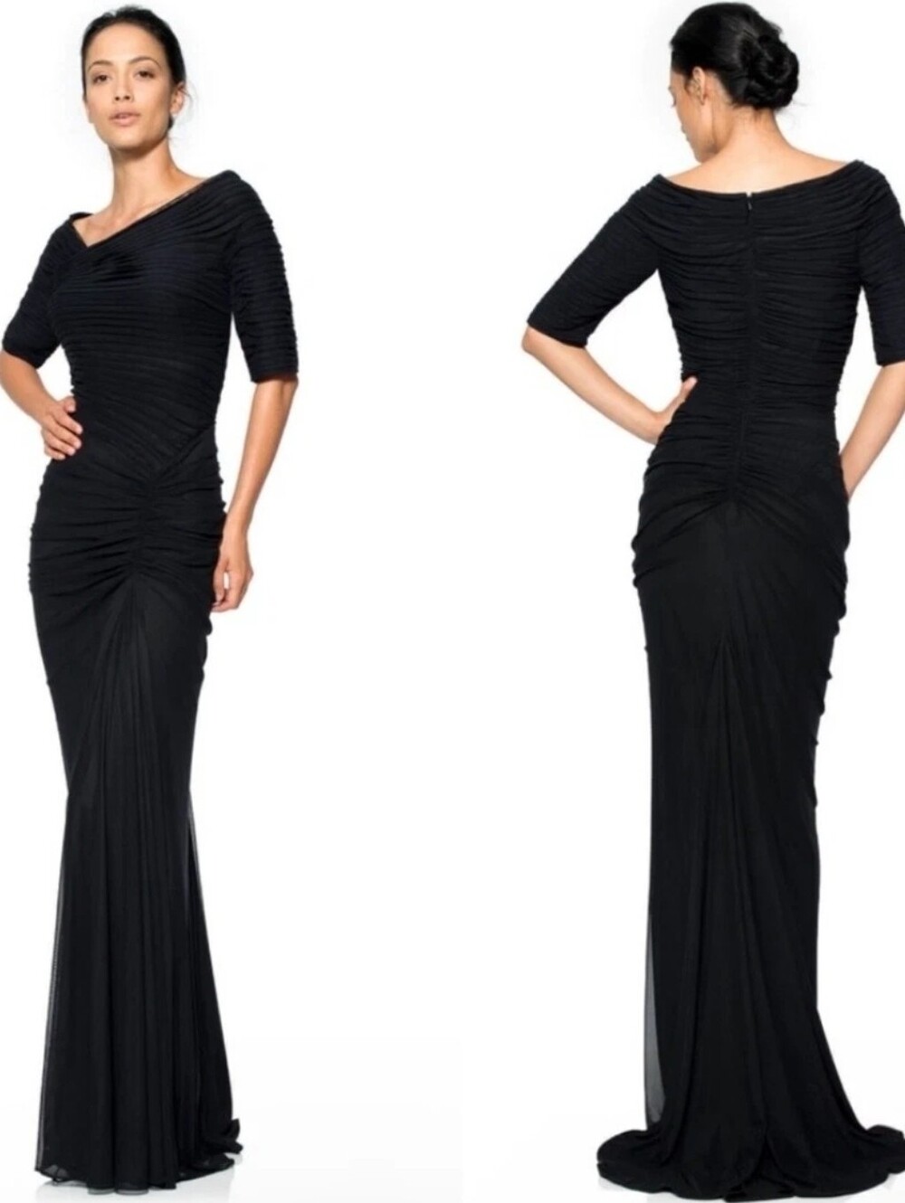 Tadashi Shoji Black Ruched Sleeve Maxi Dress
